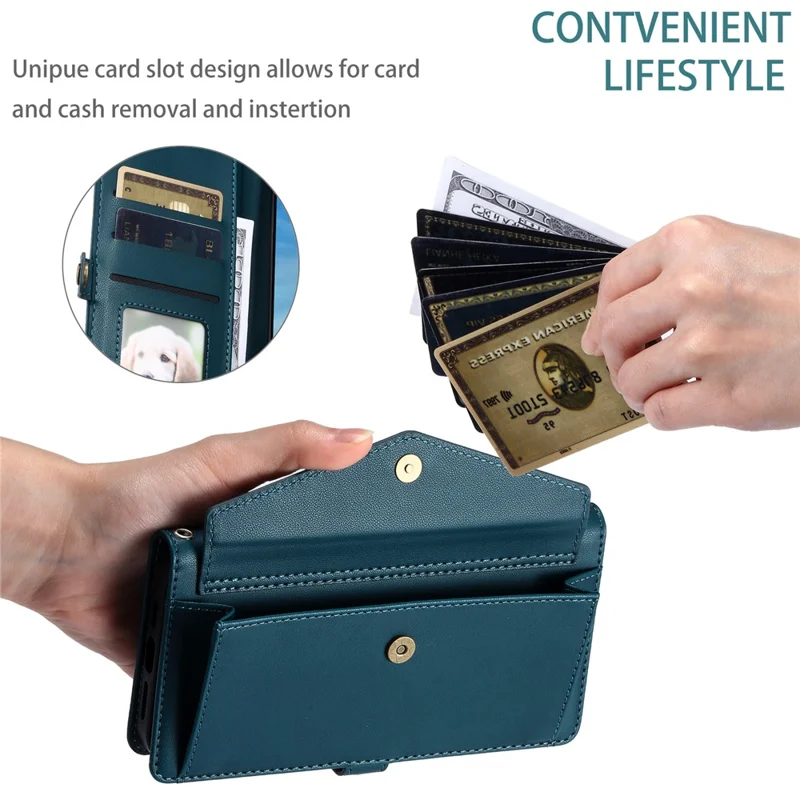 For iPhone 17 Pro Leather Case with Wrist Strap Wallet Stand Phone Cover - Blackish Green