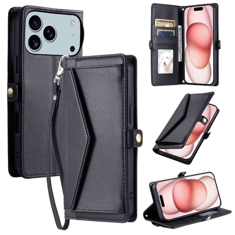 Custodia in pelle per iPhone 17 Pro Max con cinturino da polso, portafoglio e supporto - Nero