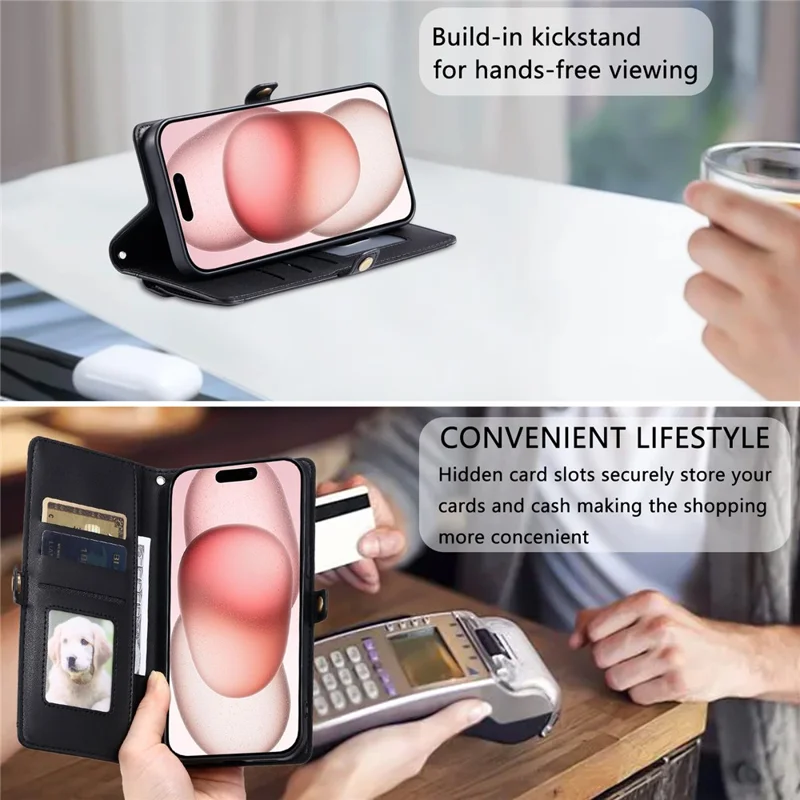 Custodia in pelle per iPhone 17 Pro Max con cinturino da polso, portafoglio e supporto - Nero