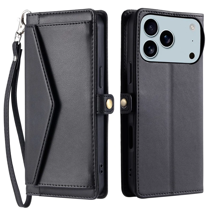 Custodia in pelle per iPhone 17 Pro Max con cinturino da polso, portafoglio e supporto - Nero