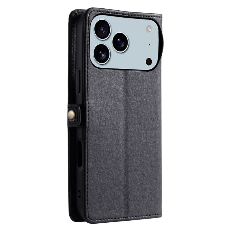 Custodia in pelle per iPhone 17 Pro Max con cinturino da polso, portafoglio e supporto - Nero