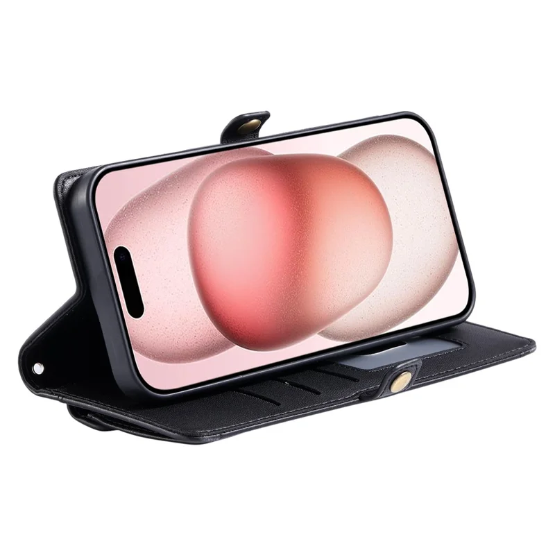Custodia in pelle per iPhone 17 Pro Max con cinturino da polso, portafoglio e supporto - Nero