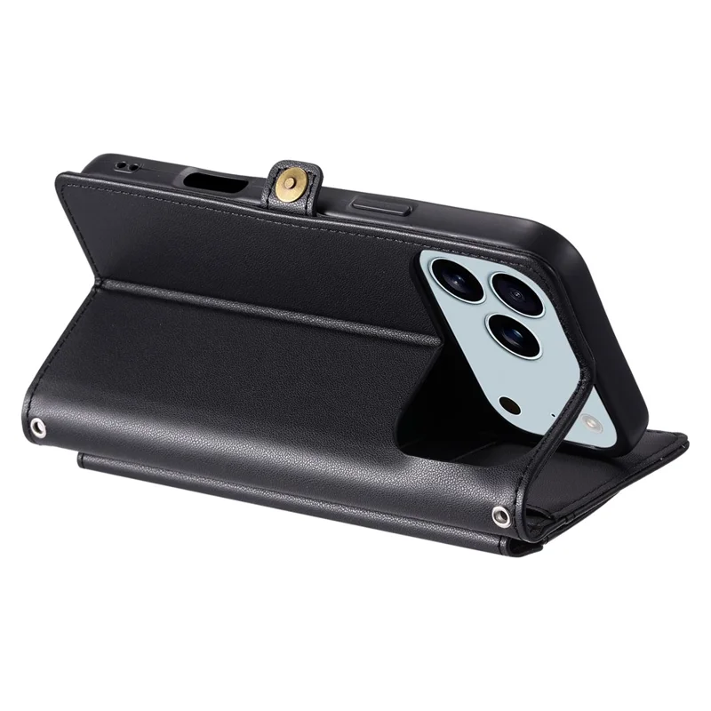 Custodia in pelle per iPhone 17 Pro Max con cinturino da polso, portafoglio e supporto - Nero