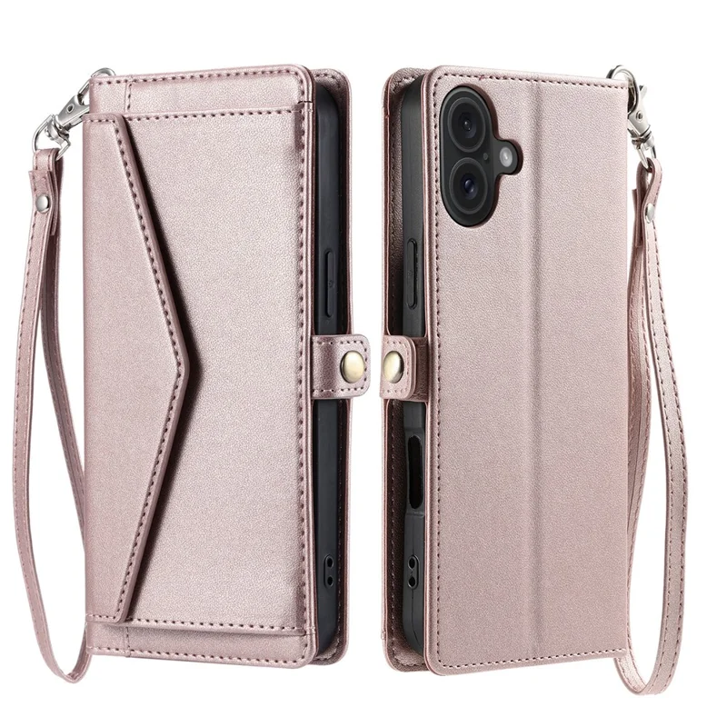 For iPhone 17 Leather Case with Wrist Strap Wallet Stand Phone Cover - Rose Gold