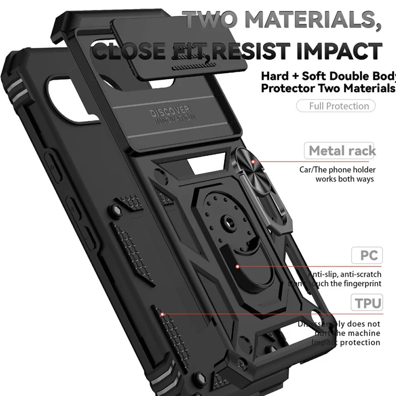 Funda para Google Pixel 9a de PC + TPU con Protección de Lente y Soporte - Negro