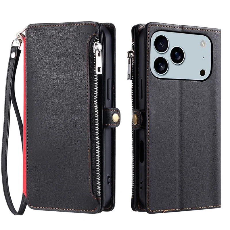Für iPhone 17 Pro Max Hülle TPU + PU Leder Brieftasche Handyhülle mit Handgelenkschlaufe - Schwarz