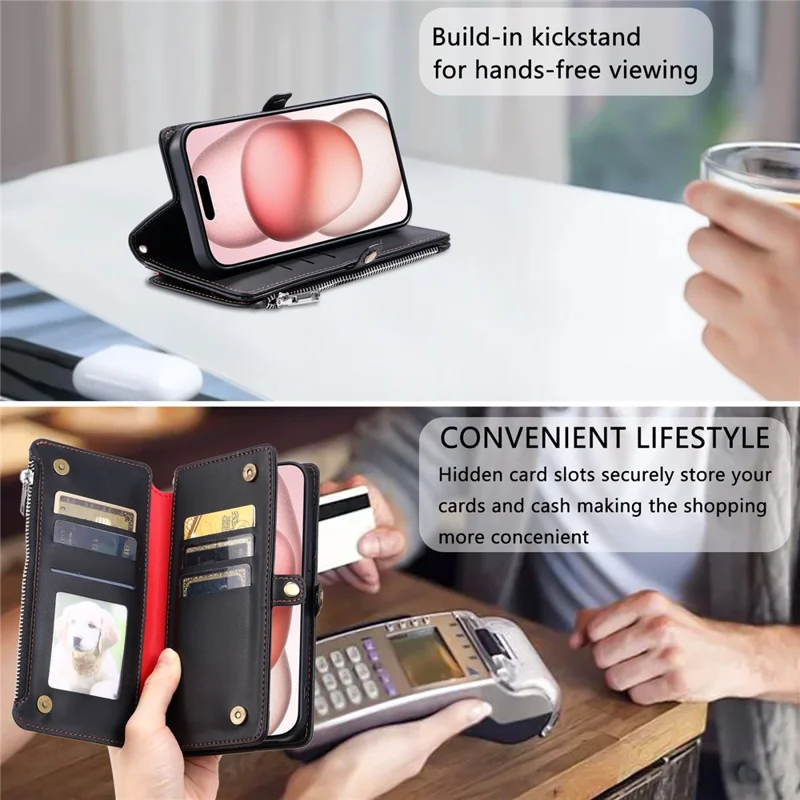 Für iPhone 17 Pro Max Hülle TPU + PU Leder Brieftasche Handyhülle mit Handgelenkschlaufe - Schwarz