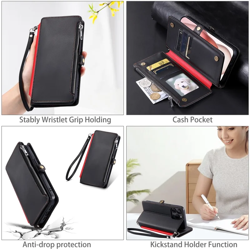 Für iPhone 17 Pro Max Hülle TPU + PU Leder Brieftasche Handyhülle mit Handgelenkschlaufe - Schwarz