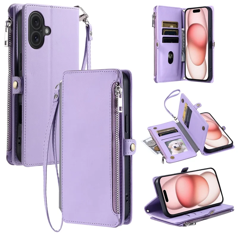 Für iPhone 17 Hülle TPU + PU Leder Brieftasche Handyhülle mit Handschlaufe - Lila
