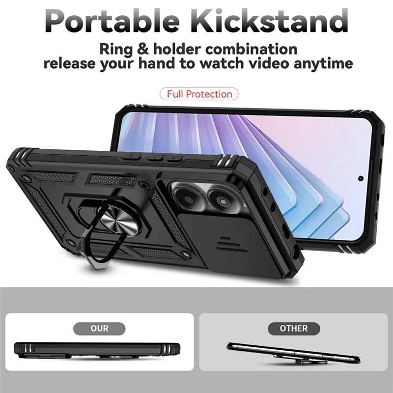 For Xiaomi Redmi Note 14 4G (164.84mm) Case PC + TPU Phone Cover with Lens Protection Kickstand - Black