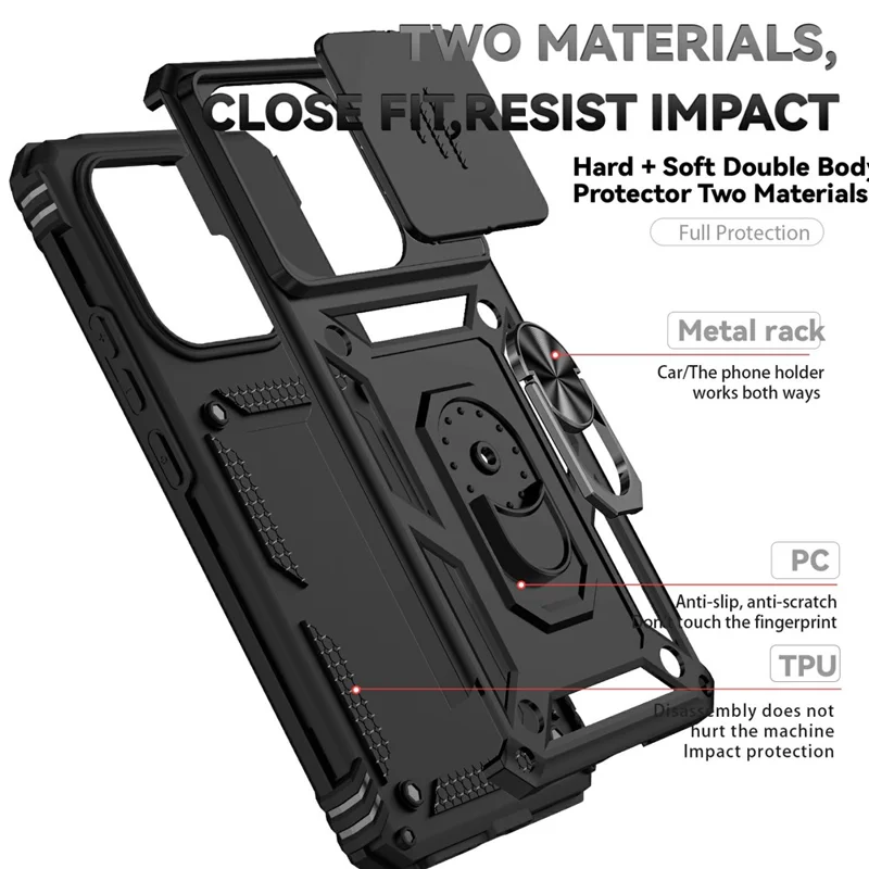 For Xiaomi Redmi Note 14 4G (164.84mm) Case PC + TPU Phone Cover with Lens Protection Kickstand - Black