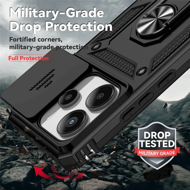 For Xiaomi Redmi Note 14 4G (164.84mm) Case PC + TPU Phone Cover with Lens Protection Kickstand - Black