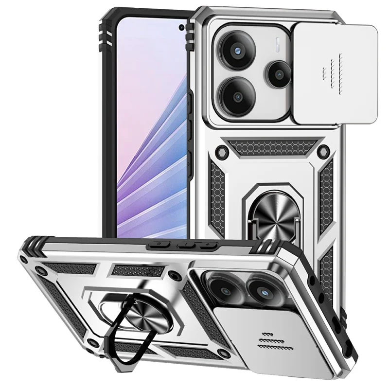 For Xiaomi Redmi Note 14 4G (164.84mm) Case PC + TPU Phone Cover with Lens Protection Kickstand - Silver