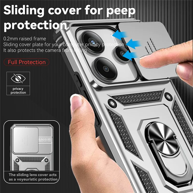 For Xiaomi Redmi Note 14 4G (164.84mm) Case PC + TPU Phone Cover with Lens Protection Kickstand - Silver