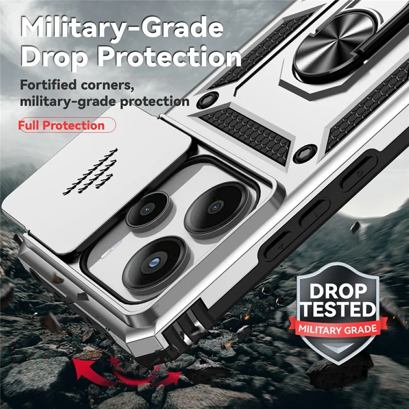 For Xiaomi Redmi Note 14 4G (164.84mm) Case PC + TPU Phone Cover with Lens Protection Kickstand - Silver