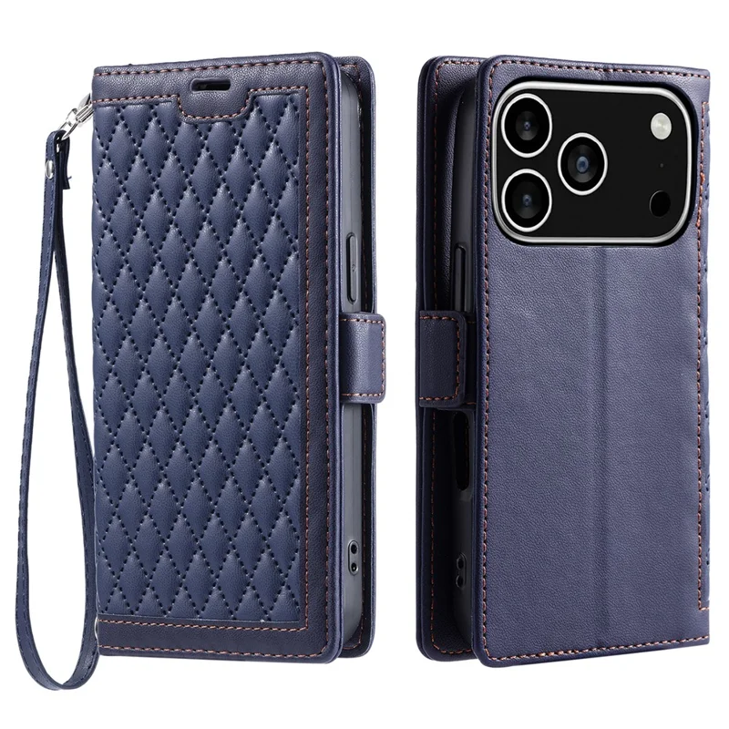 Custodia in Pelle per iPhone 17 Pro con Texture a Rombi, Portafoglio con Supporto e Cinturino da Polso - Blu