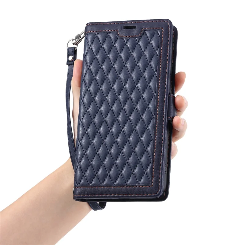 Custodia in Pelle per iPhone 17 Pro con Texture a Rombi, Portafoglio con Supporto e Cinturino da Polso - Blu