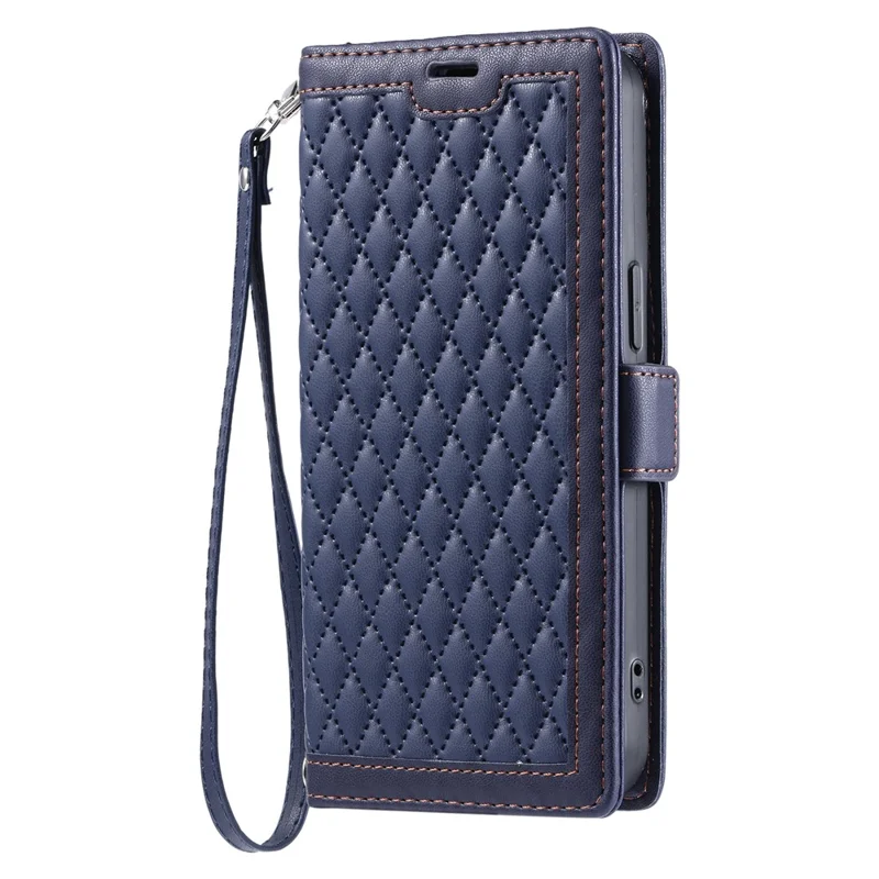 Custodia in Pelle per iPhone 17 Pro con Texture a Rombi, Portafoglio con Supporto e Cinturino da Polso - Blu