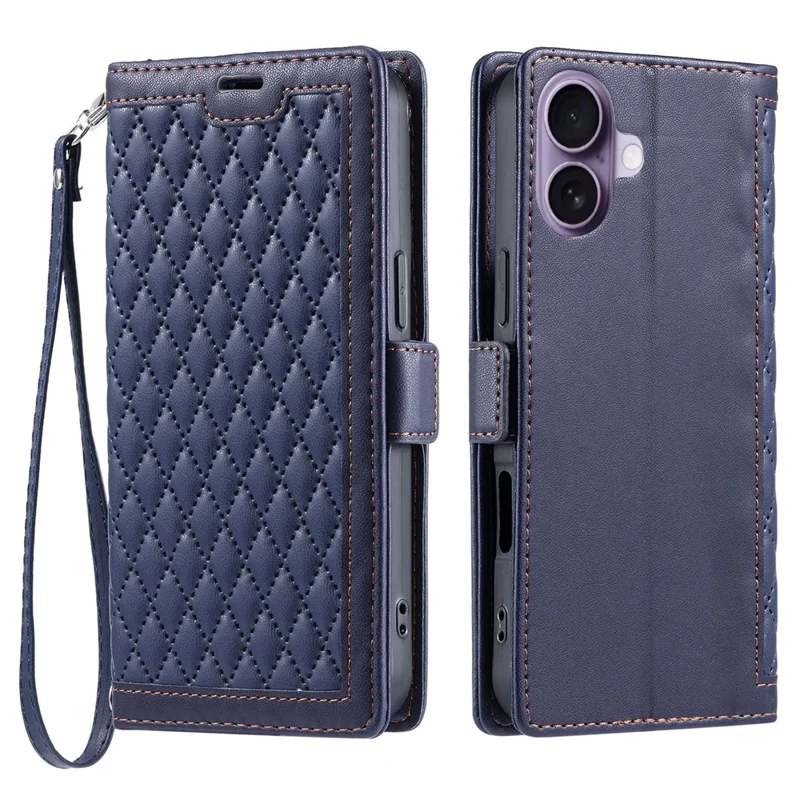 Cover in pelle per iPhone 17 con texture a rombi, portafoglio e cinturino da polso - Blu