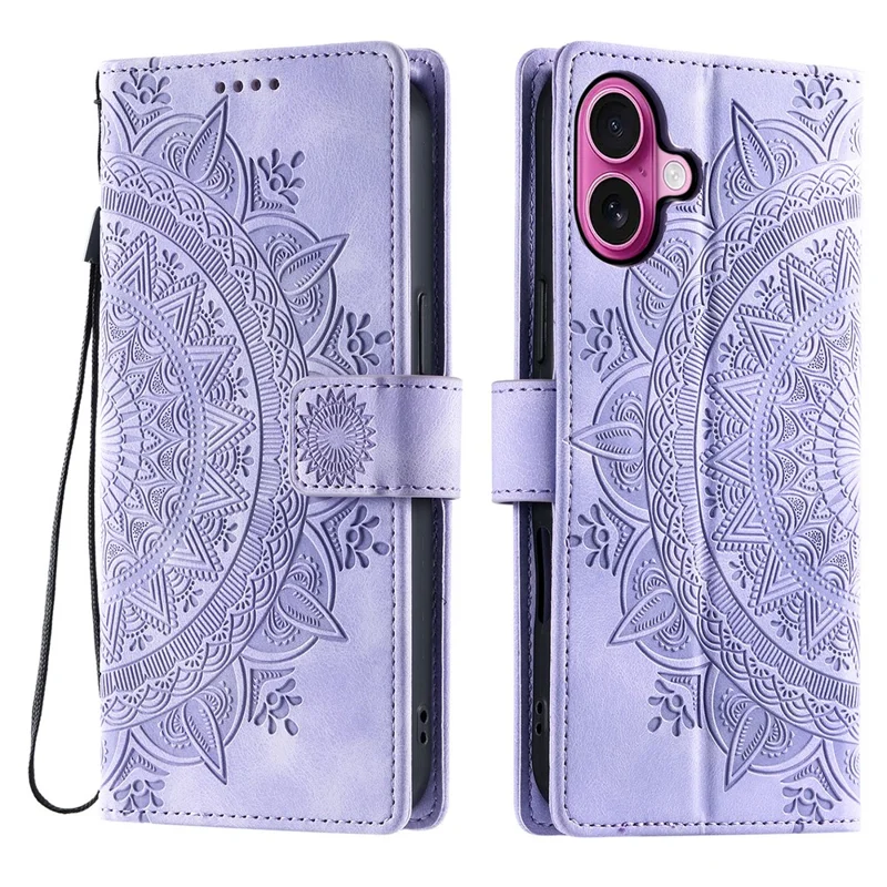 Capa para iPhone 17 com Estampa de Totem, Textura de Couro, Carteira e Alça de Mão - Roxa