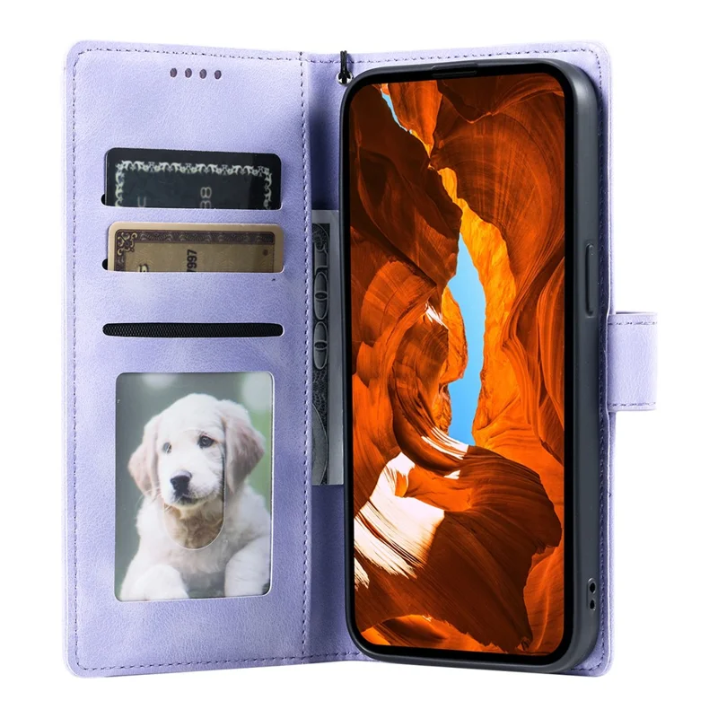 Capa para iPhone 17 com Estampa de Totem, Textura de Couro, Carteira e Alça de Mão - Roxa