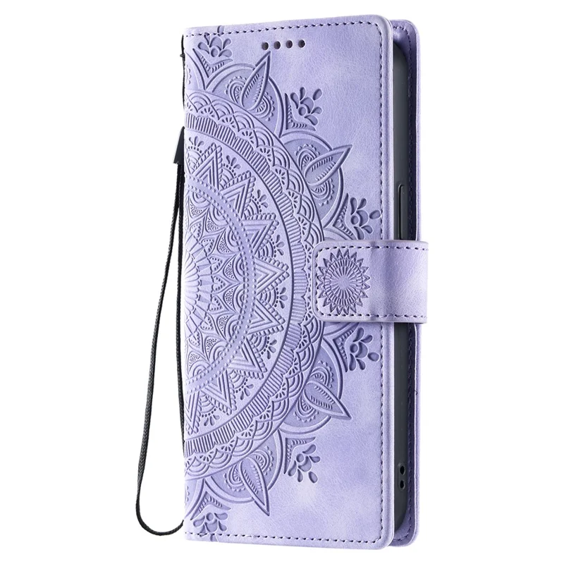 Capa para iPhone 17 com Estampa de Totem, Textura de Couro, Carteira e Alça de Mão - Roxa