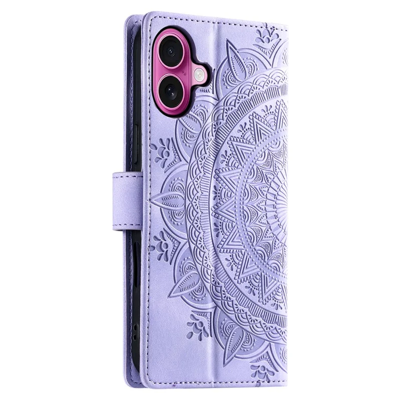 Capa para iPhone 17 com Estampa de Totem, Textura de Couro, Carteira e Alça de Mão - Roxa