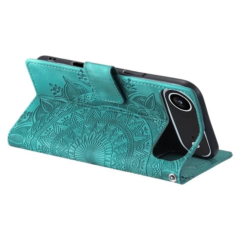 For iPhone 17 Air Case Imprinted Totem Skin Feel Wallet Leather Phone Cover with Hand Strap - Mint Green