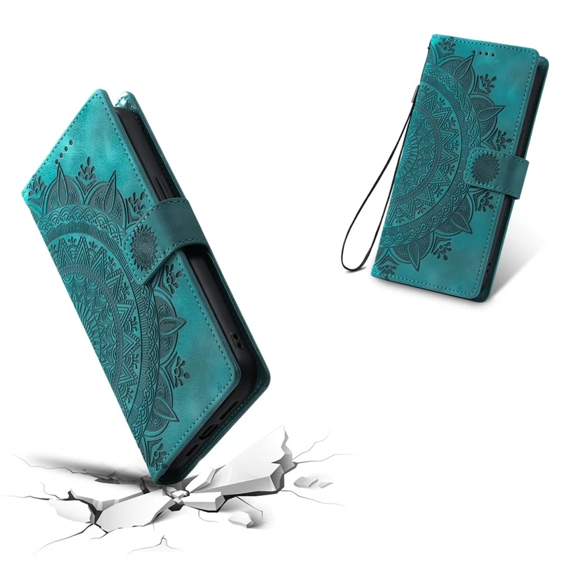For iPhone 17 Air Case Imprinted Totem Skin Feel Wallet Leather Phone Cover with Hand Strap - Mint Green