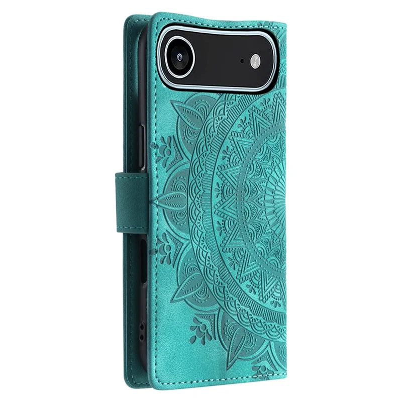 For iPhone 17 Air Case Imprinted Totem Skin Feel Wallet Leather Phone Cover with Hand Strap - Mint Green