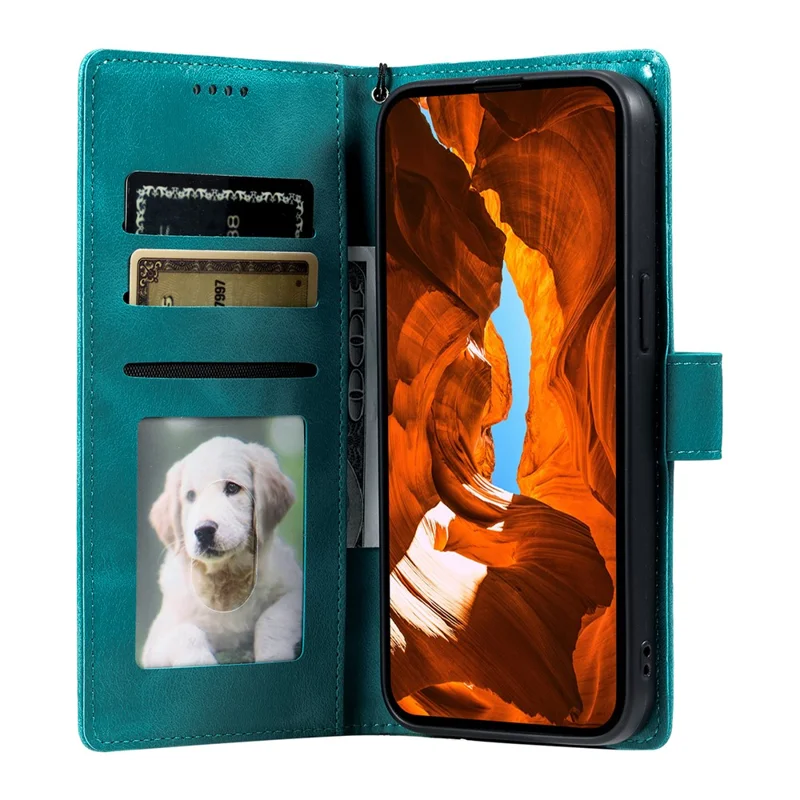 Cover per iPhone 17 Pro con Totem Stampato, Effetto Pelle, Portafoglio e Cinturino da Polso - Verde Menta