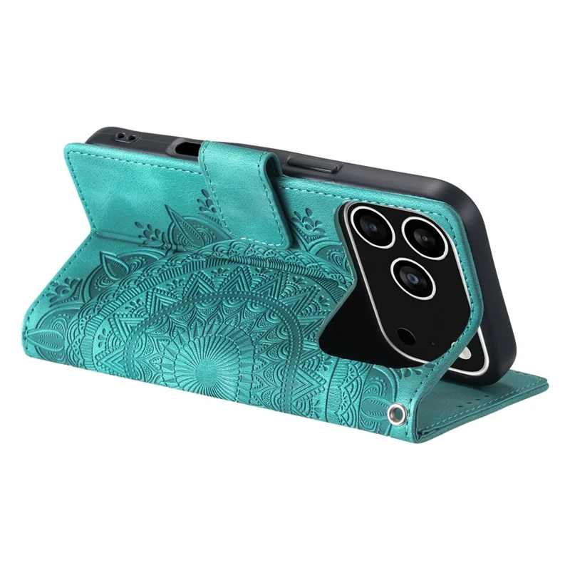 Cover per iPhone 17 Pro con Totem Stampato, Effetto Pelle, Portafoglio e Cinturino da Polso - Verde Menta