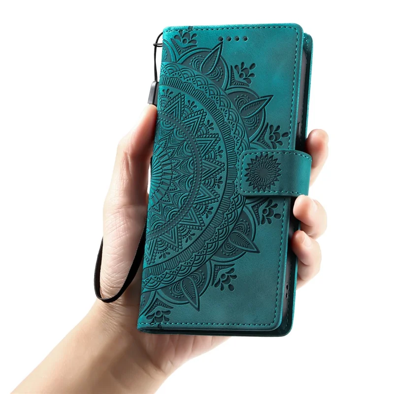 Cover per iPhone 17 Pro con Totem Stampato, Effetto Pelle, Portafoglio e Cinturino da Polso - Verde Menta