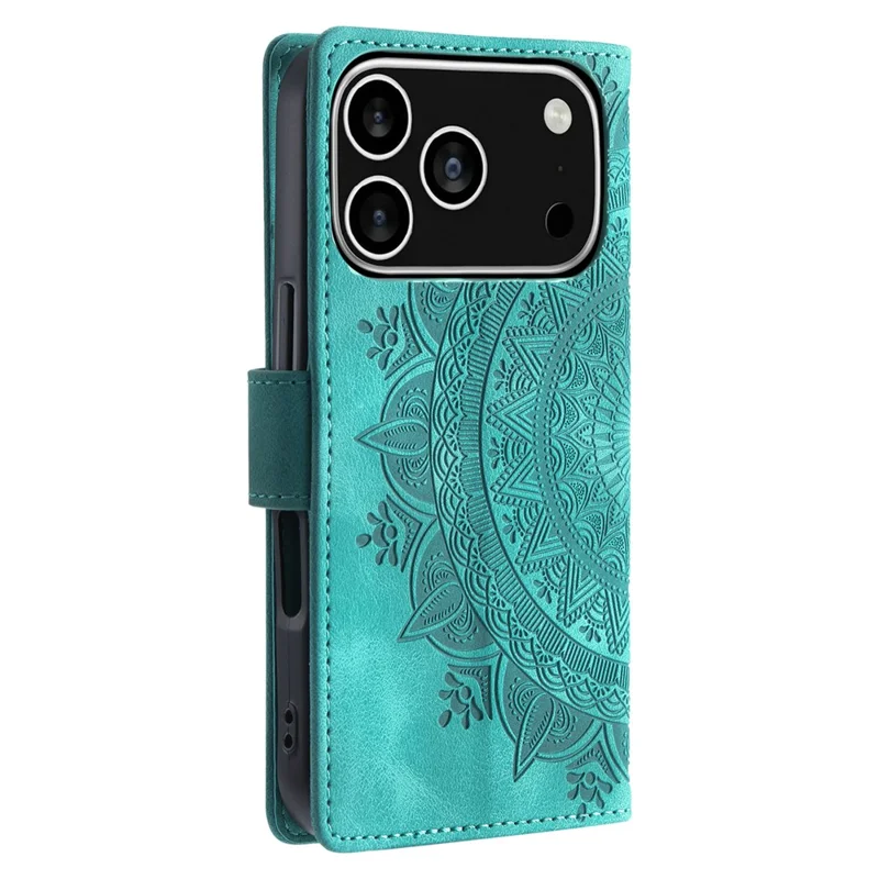 Cover per iPhone 17 Pro con Totem Stampato, Effetto Pelle, Portafoglio e Cinturino da Polso - Verde Menta