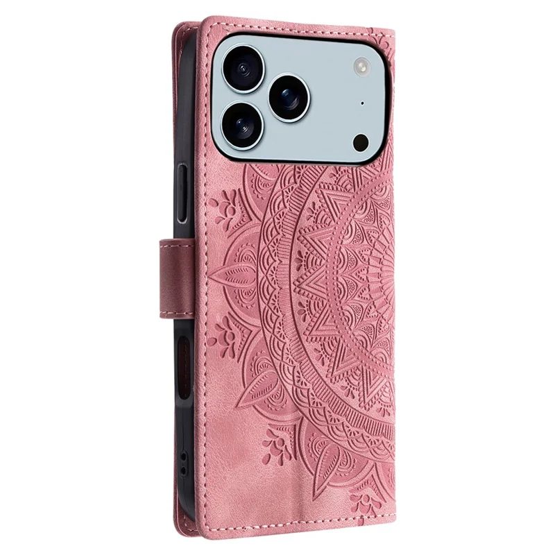 For iPhone 17 Pro Max Case Imprinted Totem Skin Feel Wallet Leather Phone Cover with Hand Strap - Rose Gold