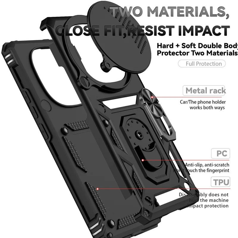 For Xiaomi Redmi Note 14 Pro+ 5G Case PC + TPU Phone Cover with Lens Protection Kickstand - Black