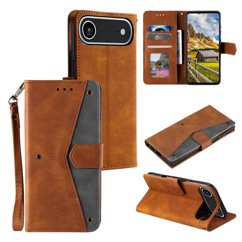 For iPhone 17 Air Leather Case Splicing Stitching Wallet Phone Cover with Wrist Strap - Brown