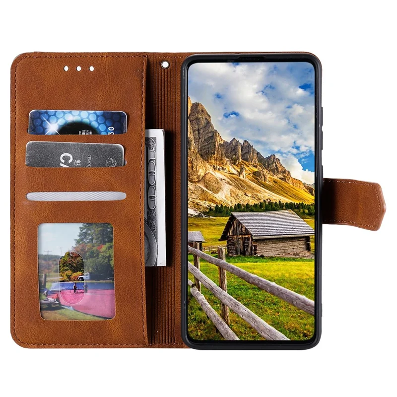 For iPhone 17 Air Leather Case Splicing Stitching Wallet Phone Cover with Wrist Strap - Brown