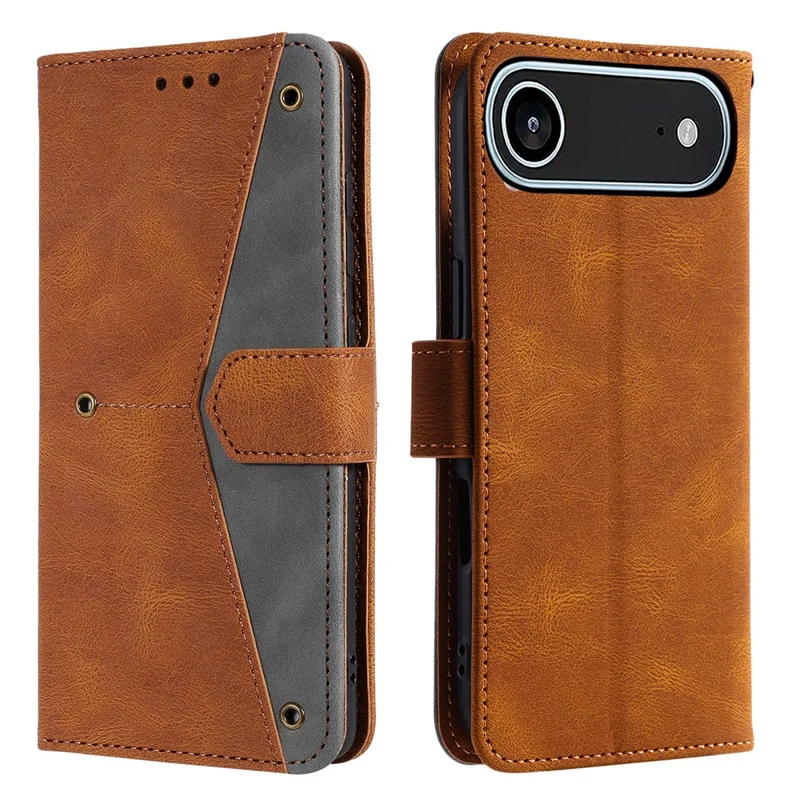 For iPhone 17 Air Leather Case Splicing Stitching Wallet Phone Cover with Wrist Strap - Brown