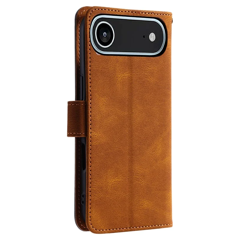 For iPhone 17 Air Leather Case Splicing Stitching Wallet Phone Cover with Wrist Strap - Brown