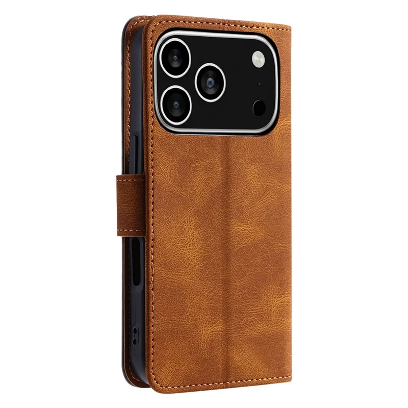 For iPhone 17 Pro Leather Case Splicing Stitching Wallet Phone Cover with Wrist Strap - Brown