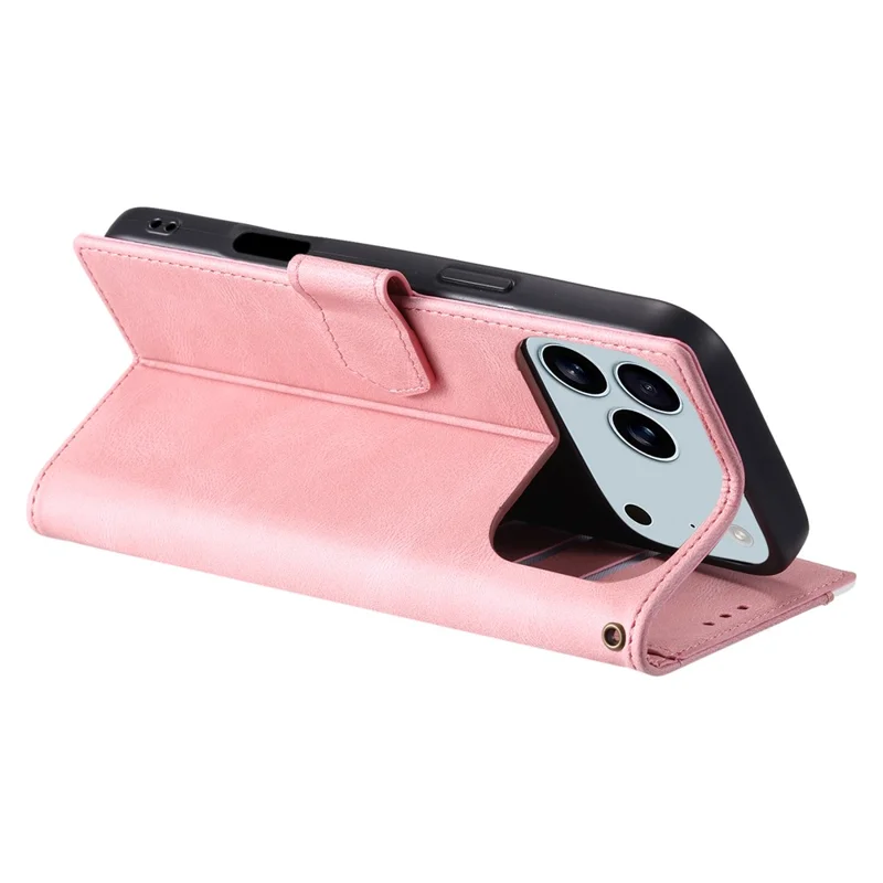 For iPhone 17 Pro Max Leather Case Splicing Stitching Wallet Phone Cover with Wrist Strap - Rose Gold