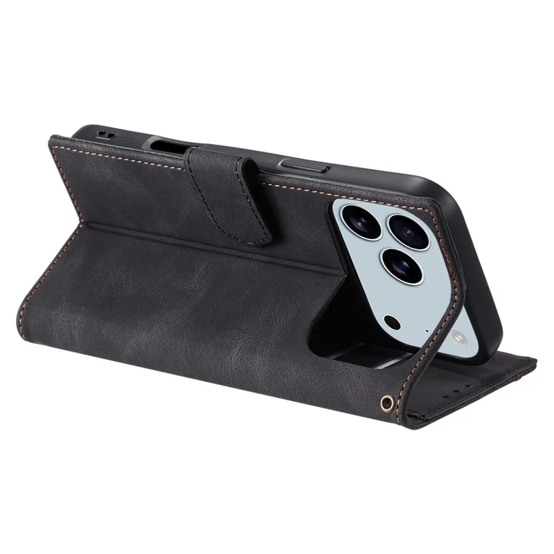 For iPhone 18 Pro Max / 17 Pro Max Leather Case Splicing Stitching Wallet Phone Cover with Wrist Strap - Black