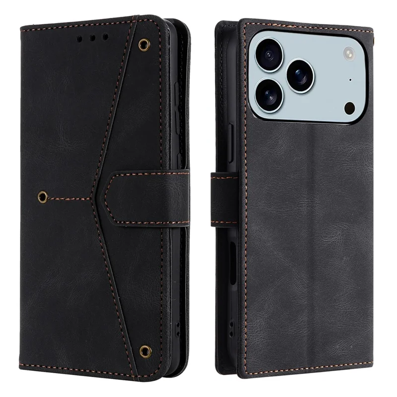 For iPhone 18 Pro Max / 17 Pro Max Leather Case Splicing Stitching Wallet Phone Cover with Wrist Strap - Black