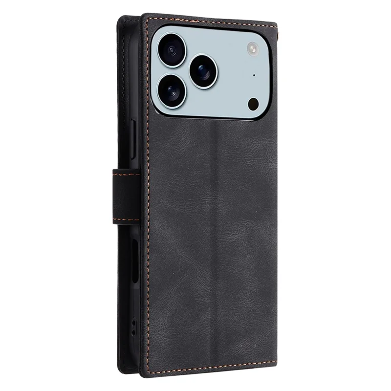 For iPhone 18 Pro Max / 17 Pro Max Leather Case Splicing Stitching Wallet Phone Cover with Wrist Strap - Black