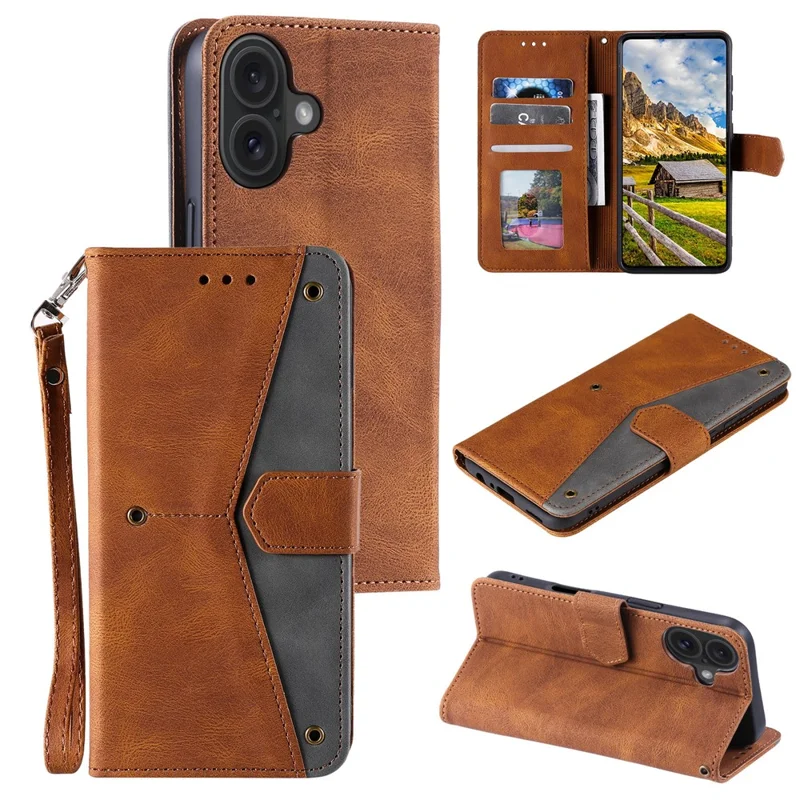 For iPhone 17 Leather Case Splicing Stitching Wallet Phone Cover with Wrist Strap - Brown