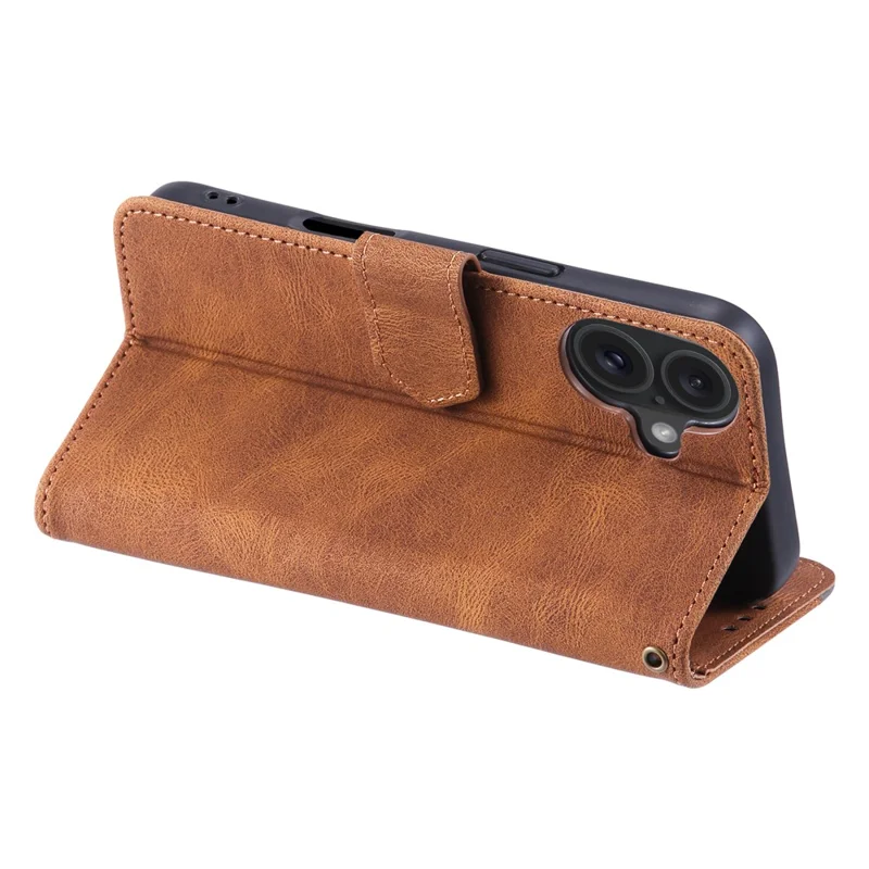 For iPhone 17 Leather Case Splicing Stitching Wallet Phone Cover with Wrist Strap - Brown