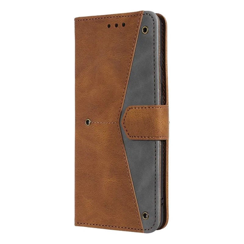 For iPhone 17 Leather Case Splicing Stitching Wallet Phone Cover with Wrist Strap - Brown