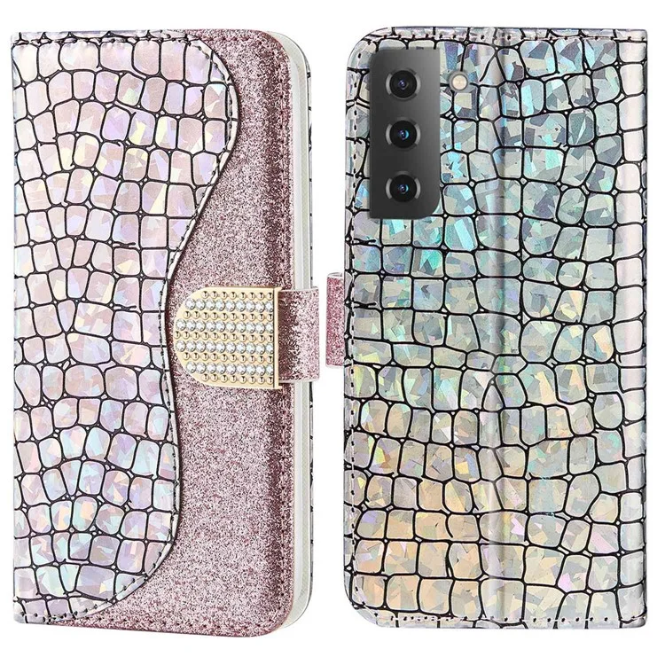 Для Samsung Galaxy S23+ Crocodile Texture PU Leather Shockproof Cover Sparkly Glitter Splicing Phone Stand Case - Rose Gold