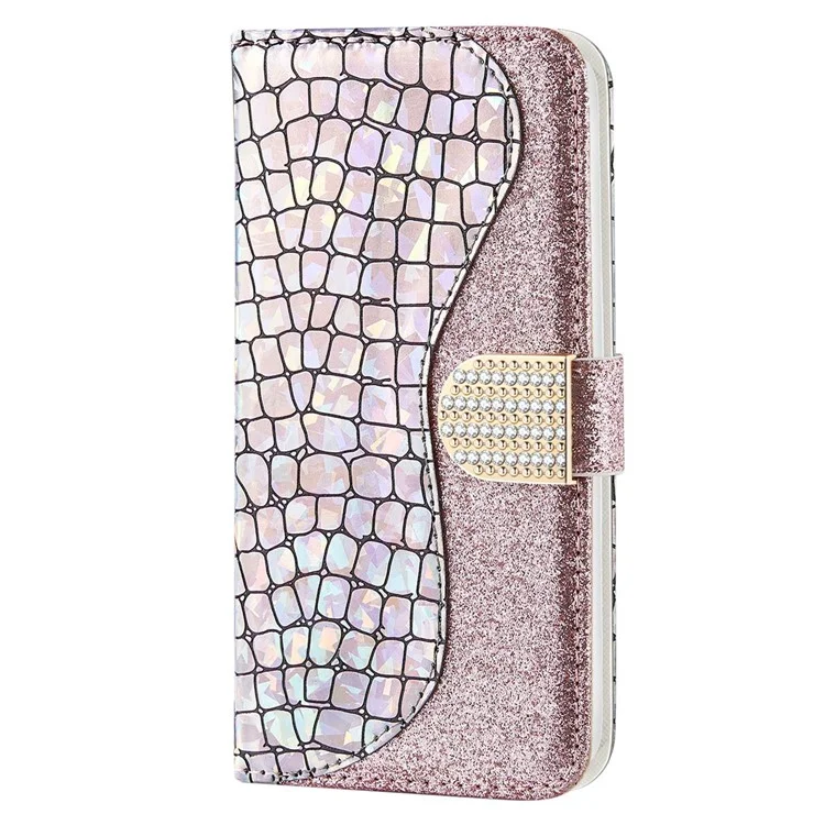 Для Samsung Galaxy S23+ Crocodile Texture PU Leather Shockproof Cover Sparkly Glitter Splicing Phone Stand Case - Rose Gold